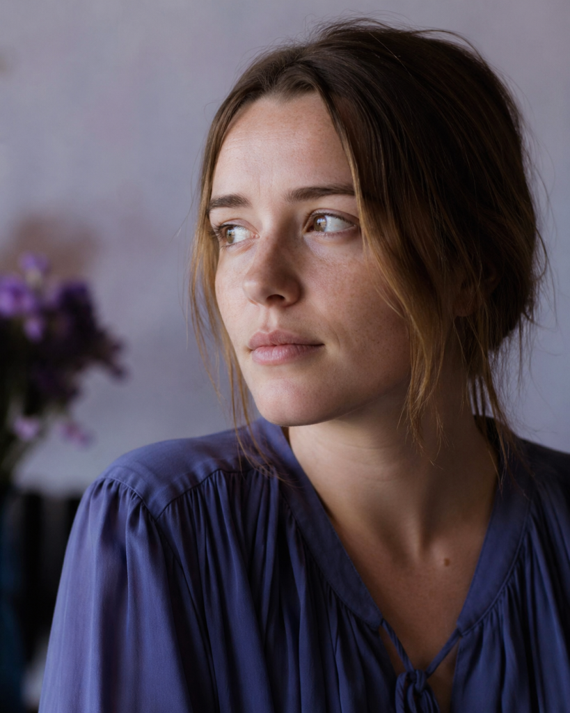 Woman in a blue top looking thoughtfully out of a window, with soft purple flowers in the background — reflecting on life after a breakup