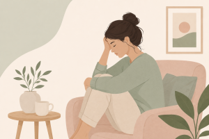 Woman sitting quietly looking emotionally overwhelmed in a controlling relationship