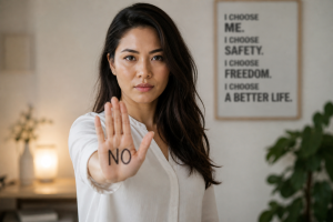 domestic abuse a woman making a stand with her hand out