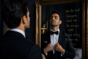 Narcissistic abuse recovery, a narcissist getting ready to go out into the world and project a false sense of self of success and wealth when really he is sad and pathetic and empty inside like all narcs