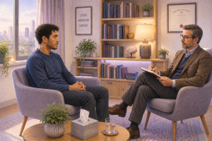 Not All Abusers Are Narcissists: narcissistic in chair with psychiatrist