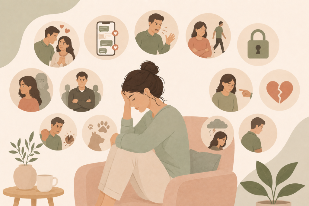 woman contemplating red flags and early warning signs
