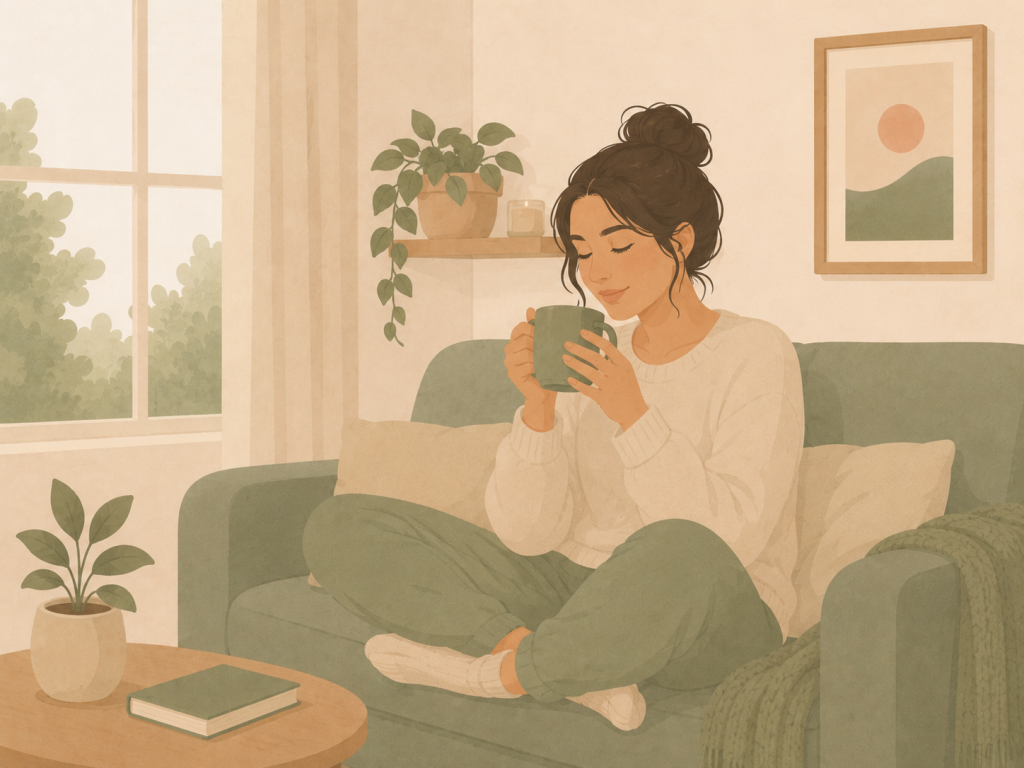 woman drinking tea who has made a safety plan