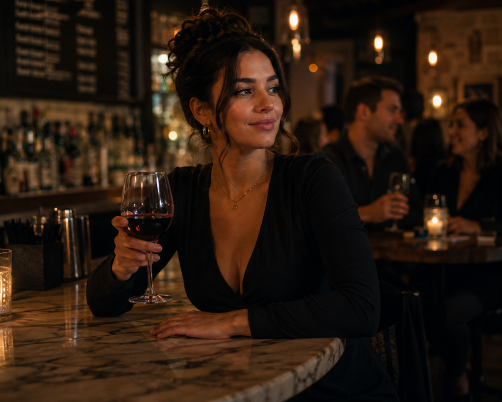 staying safe - a woman in a bar with a glass of wine