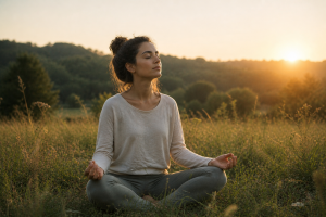 Learning to enjoy your own company after a breakup is one of the most valuable things you can do; its worth investing in., here is a woman meditating alone in a field with the sun going down behind her